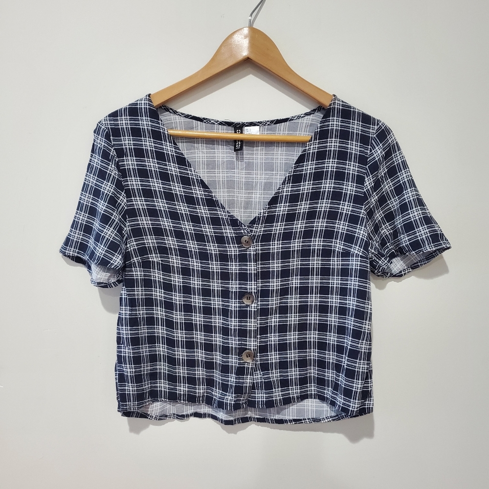 H&M divided checkered grid plaid gingham button down cardigan top size 6 smal…